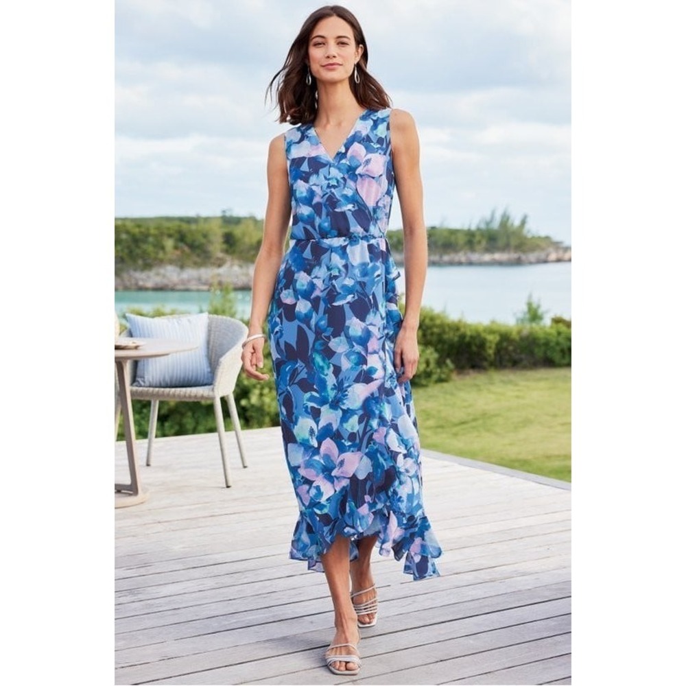 Soft Surroundings Blue Floral Ruffle Trim Sleeveless Ashlyn Maxi Dress Size S‎